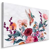 Schilderij - Bloemen en Kolibrie in Aquarel (print op canvas), multi-gekleurd, 4 maten, wanddecoratie - thumbnail