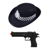 Carnaval verkleed politie agent set - pet/cap zwart - pistool zonder paffertjes - thumbnail