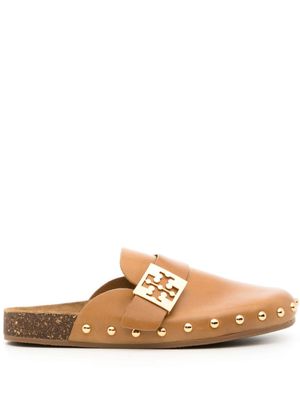 Tory Burch mules en cuir à plaque logo - Marron