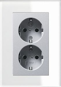 Dubbel stopcontact aluminium met Gira esprit wit glas afdekraam recht