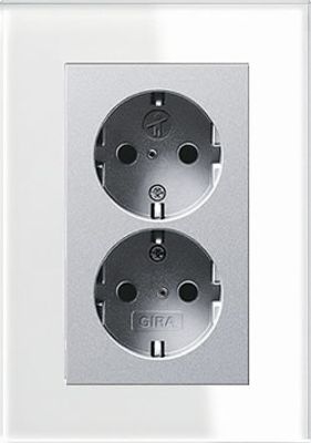 Dubbel stopcontact aluminium met Gira esprit wit glas afdekraam recht
