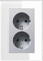 Dubbel stopcontact aluminium met Gira esprit wit glas afdekraam recht