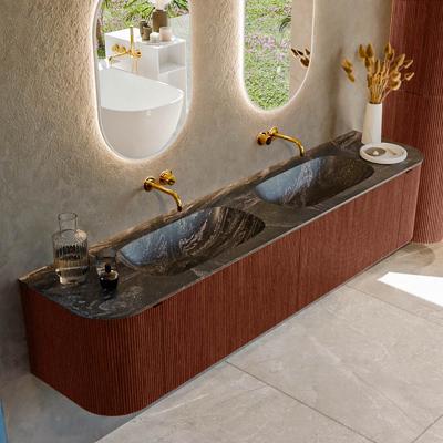 Badmeubel Mondiaz Kurve-Dlux | 200 cm cm | Meubelkleur Ruby | Wastafelkleur Lava | Solid surface | Wasbak beiden zijden spoelbak | Zonder kraangat(en)