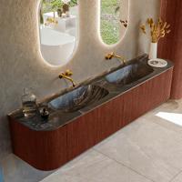 Badmeubel Mondiaz Kurve-Dlux | 200 cm cm | Meubelkleur Ruby | Wastafelkleur Lava | Solid surface | Wasbak beiden zijden spoelbak | Zonder kraangat(en)
