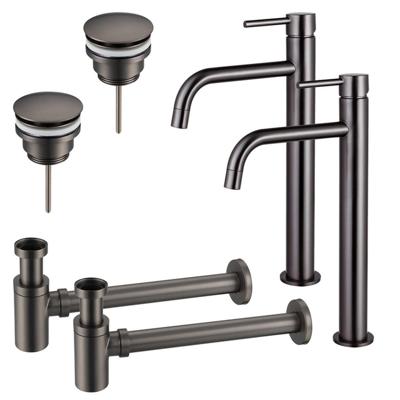 Fortifura Calvi Slim Wastafelkraanset - voor dubbele wastafel - verhoogde wastafelkraan - klikwaste plug - verlaagde design sifon - Geborsteld Gunmetal PVD 2x SW766539/2x SW767288/2x SW767295