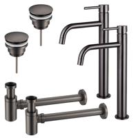 Fortifura Calvi Slim Wastafelkraanset - voor dubbele wastafel - verhoogde wastafelkraan - klikwaste plug - verlaagde design sifon - Geborsteld Gunmetal PVD 2x SW766539/2x SW767288/2x SW767295