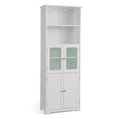 Badkamerkast met Glazen Deuren 2 Open Vakken en Verstelbare Planken Hoge Opbergkast voor Badkamer Keuken Woonkamer Wit