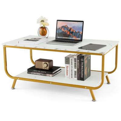 Marmeren Salontafel Rechthoekige Woonkamertafel met 2 Niveaus van Kunstmarmeren Blad en Metalen Frame Koffietafel Wit+Goud