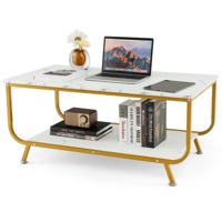 Marmeren Salontafel Rechthoekige Woonkamertafel met 2 Niveaus van Kunstmarmeren Blad en Metalen Frame Koffietafel Wit+Goud