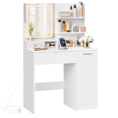 Kaptafel met planken en lade wit, Kaptafel met LED-verlichting
