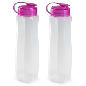 2x stuks kunststof waterflessen 1000 ml transparant met dop roze