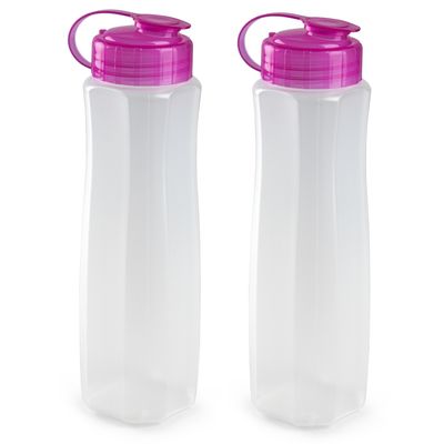 2x stuks kunststof waterflessen 1000 ml transparant met dop roze