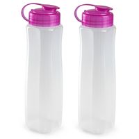 2x stuks kunststof waterflessen 1000 ml transparant met dop roze 2x stuks kunststof waterflessen 1000 ml transparant met dop roze