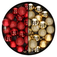 Kleine kunststof kerstversiering 40x stuks set en 3 cm kerstballen in het goud en rood - Kerstbal - thumbnail