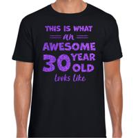 Cadeau T-shirt voor heren - leeftijd 30 jaar - awesome - zwart - glitter paars - Verjaardagsfeest - thumbnail