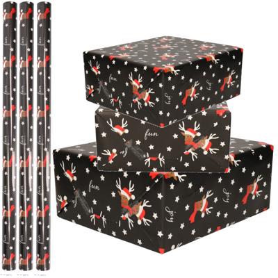 Luxe Kerst inpakpapier - cadeaupapier - zwart - Rendier en sterren - 5x rollen - 250 x 70 cm