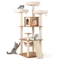 168CM Kattenboom met 3 Gevoerde Platforms Condo Sisal Krabpalen Ladder Hangende Ballen Wasbare Kussens voor Binnenkatten