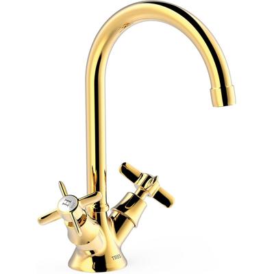 Wastafelkraan Tres Clasic | Opbouw | Draaibare uitloop | Mengkraan | Hoog model | 2-knops | Vintage | 24k Goud glans