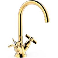 Wastafelkraan Tres Clasic | Opbouw | Draaibare uitloop | Mengkraan | Hoog model | 2-knops | Vintage | 24k Goud glans