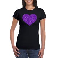 Verkleed T-shirt voor dames - hartje - zwart - paars glitter - carnaval/themafeest - thumbnail