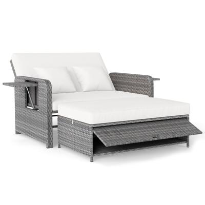 PE-rotan Tuinbed voor Terras Tweezitsbank & Opbergkist met Rugleuning Verstelbaar in 4 Standen & Opklapbare Zijtafels Rieten Fauteuil voor Tuin & Zwembad