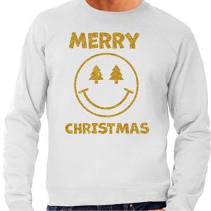 Foute Kersttrui/sweater voor heren - Merry Christmas - Smile Emoticon - grijs - glitter goud