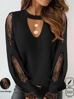 Notched Lace Casual Plain Shirt - thumbnail