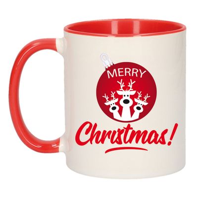 Merry Christmas kerstcadeau kinder kerst mok/beker rood met kerstbal en rendieren 300 ml