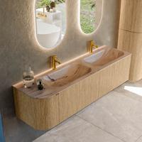 Badmeubel Mondiaz Kurve-Dlux | 165 cm | Meubelkleur Oak | Wastafelkleur Arena | Solid surface | Dubbel / Rechts spoelbak | 2 kraangaten