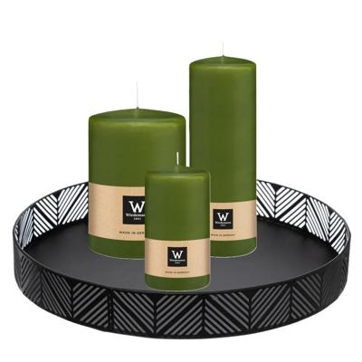 Cilinderkaarsen stompkaarsen - set van 3x - op dienblad - olijfgroen - 6 x 12 - 10x15 - 7x20 cm