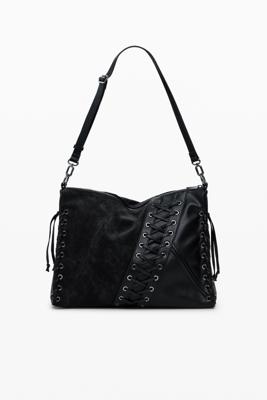Middelgrote schoudertas met gekruiste banden in leerlook - BLACK - U