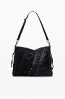 Middelgrote schoudertas met gekruiste banden in leerlook - BLACK - U