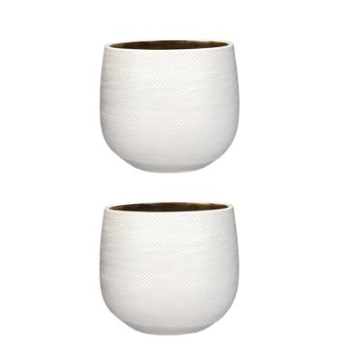 Mica Decorations Bloempot - Set van 2x stuks - wit met relief - keramiek - 20 x 25 cm