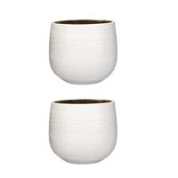 Mica Decorations Bloempot - Set van 2x stuks - wit met relief - keramiek - 20 x 25 cm