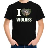 I love wolves t-shirt met dieren foto van een wolf zwart voor kinderen - thumbnail