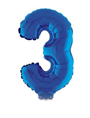 Folieballon Klein Cijfer &apos;3&apos; Blauw Met Stokje (41cm)