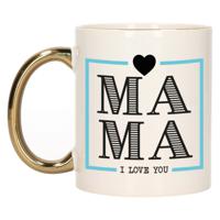 Cadeau koffie/thee mok voor mama - wit/blauw - ik hou van jou - gouden oor - Moederdag