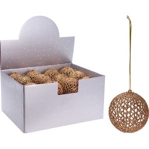 1x Gouden glitter draad/rotan look kerstballen kunststof 9 cm