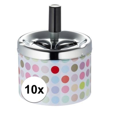 Draaiasbak - 10x - stippen - met zilveren deksel - D9 x H12 cm - metaal - asbakken