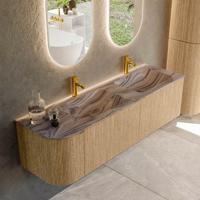 Badmeubel Mondiaz Kurve-Dlux | 155 cm | Meubelkleur Oak | Wastafelkleur Sombra | Solid surface | Dubbel / Rechts spoelbak | 2 kraangaten
