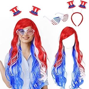 4 juli decoraties lange golvende pruiken voor vrouwen 4 juli patriottische hoofdband amerikaanse vlag sluiterbril kostuum pruik met pony cosplay haar pruik (alleen pruiken) Lightinthebox