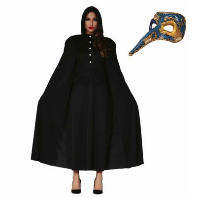 Carnaval gemaskerd bal verkleed set - Snavelmasker - Lange cape met capuchon zwart - dames