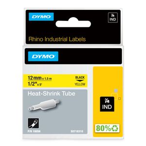 Labeltape krimpkous DYMO IND RHINO 18056 Tapekleur: Geel Tekstkleur:Zwart 12 mm 1.5 m