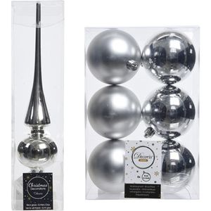 Kerstboom decoratie zilver piek en 6x kerstballen 8 cm