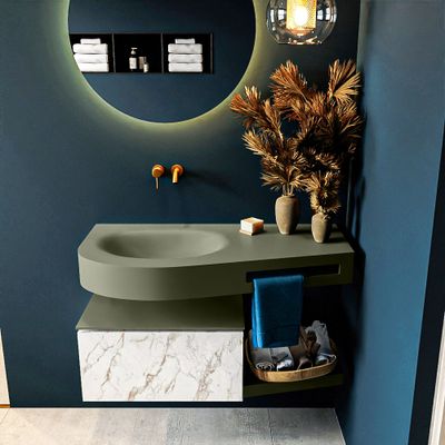 MONDIAZ RIVA 100cm badmeubel onderkast / planchet kleur carrara met 1 lade. Wastafel DULCET links 0 kraangaten kleur Army. MONDIAZ RIVA 100cm badmeubel onderkast / planchet kleur carrara met 1 lade. Wastafel DULCET links 0 kraangaten kleur Army.