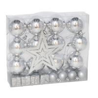 Kerstballen, ornamenten en piek set - 29-delig - zilver - kunststof - voor kleine kerstboom