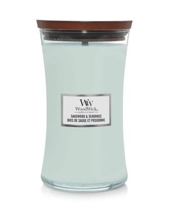 WoodWick Geurkaars Large Sagewood & Seagrass - 18 cm / ø 10 cm - Geurkaars in Glas - Houten Lont