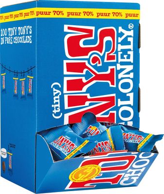 Tony&apos;s Chocolonely mini chocoladereep, 900g, doos van 100 stuks apart verpakt, puur
