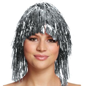 Dames tinsel/folie carnaval pruik - zilver kleur - disco/eighties