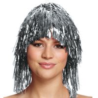 Dames tinsel/folie carnaval pruik - zilver kleur - disco/eighties - thumbnail